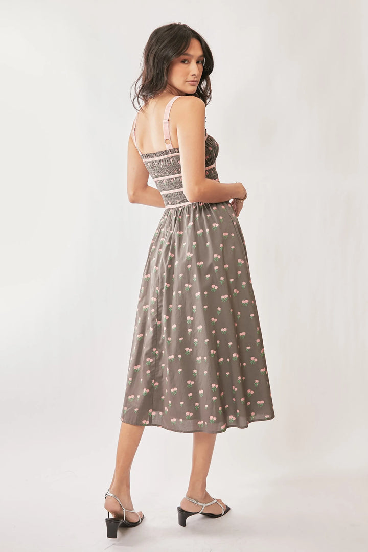 Mocha Brown Davi Dani Contrast Velvet Tape Smocking Bodice Midi Dress 1