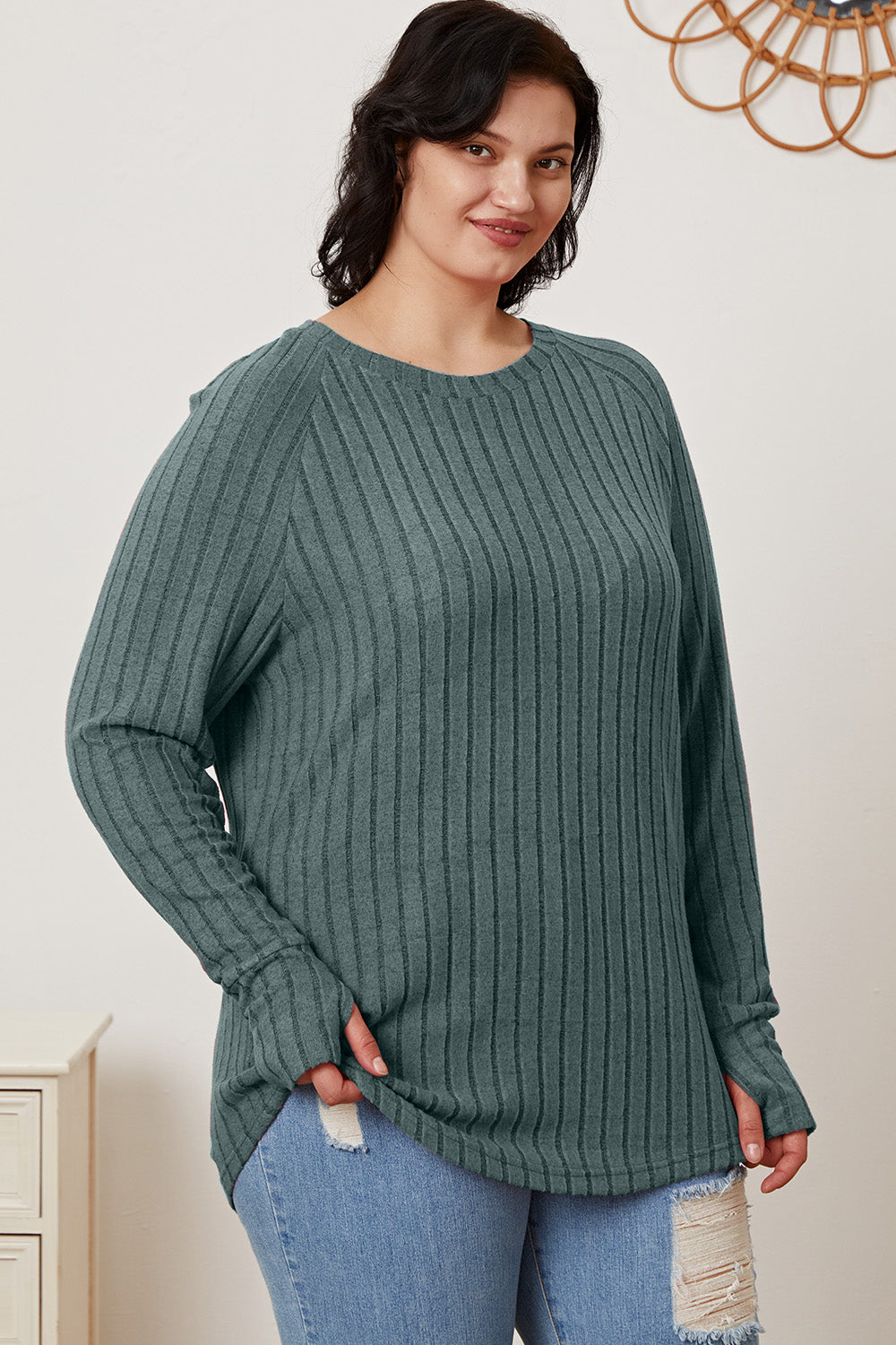 Hot Pink Basic Bae Full Size Ribbed Thumbhole Sleeve T Shirt
