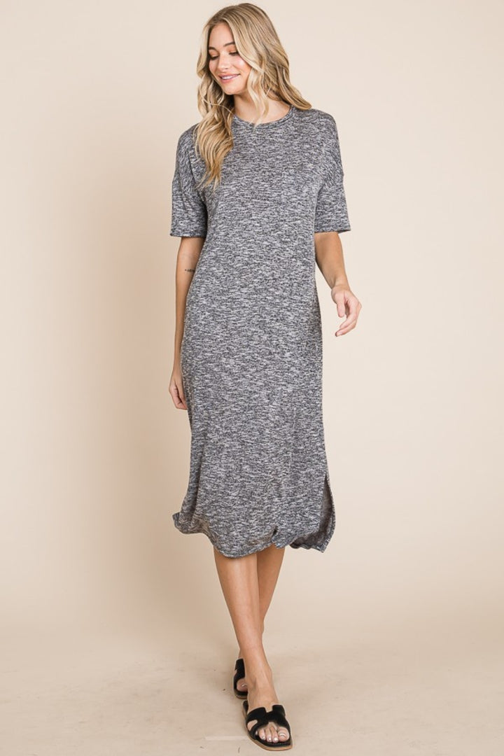 Grey Bombom Slit Round Neck Half Sleeve Midi Dress