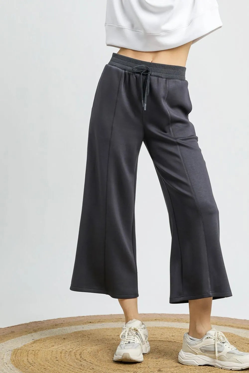 Dark Gray Umgee Drawstring Wide Leg Cropped Pants