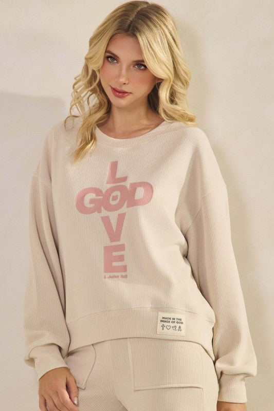 Womens God Is Love Corduroy Graphic Sweatshirt 1