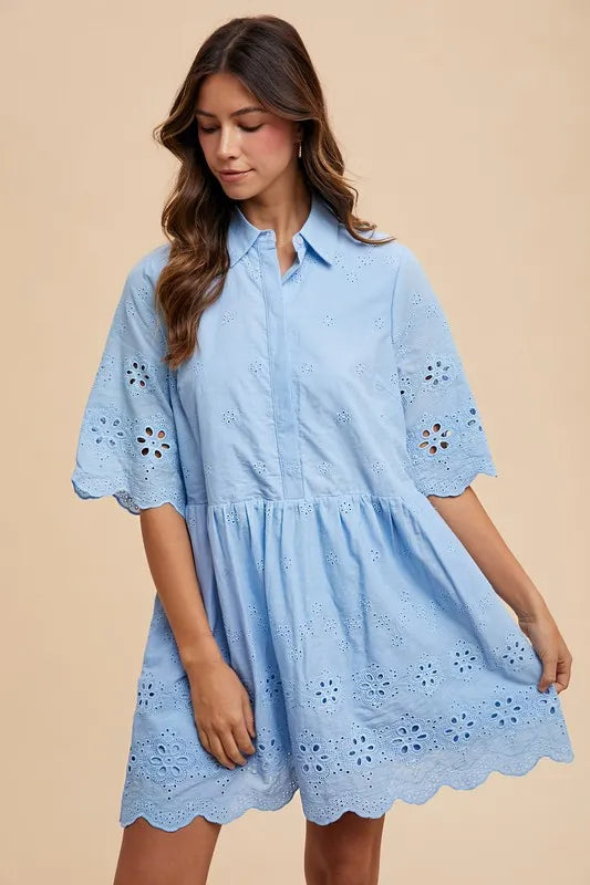 Sky Annie Wear Embroidered Scallop Edge Detail Mini Shirt Dress