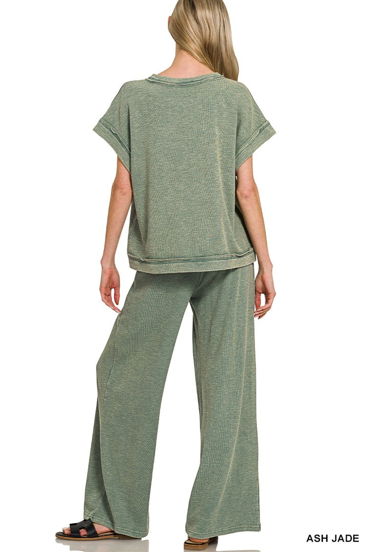 Ash Jade Zenana Washed Slub Short Sleeve Tee Long Pants Set 1