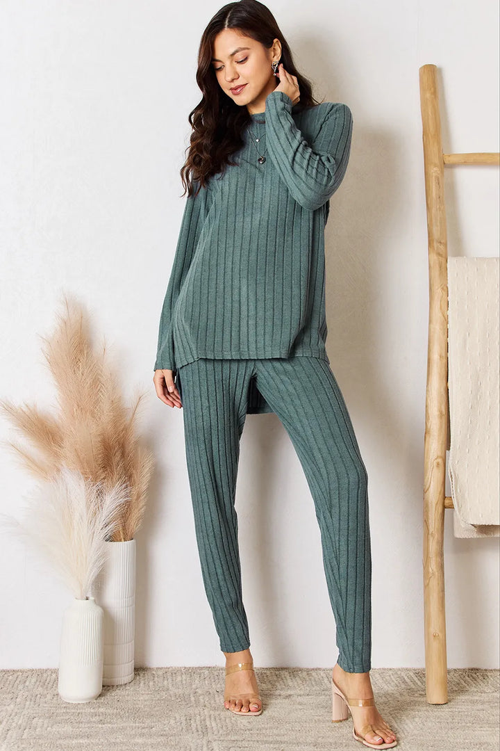 Black Basic Bae Full Size Ribbed Round Neck High Low Slit Top And Pants Set