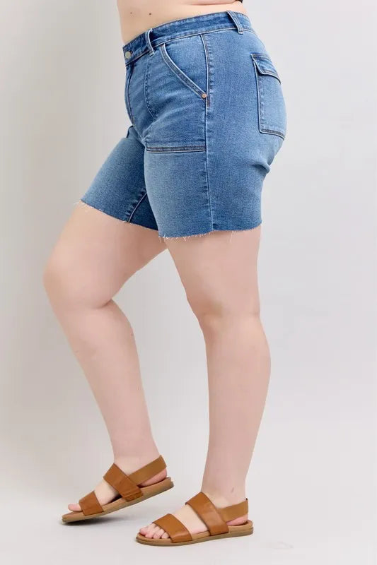 Judy Blue Full Size Mid Rise Bermudas Denim Shorts W Back Flap Pockets Plus Size
