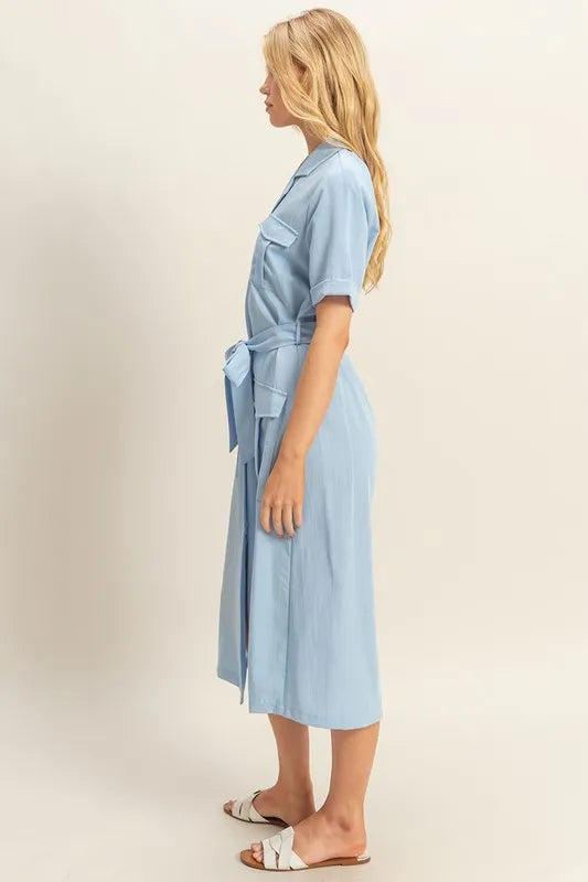 Blue Hyfve Button Front Belted Safari Midi Dress 1