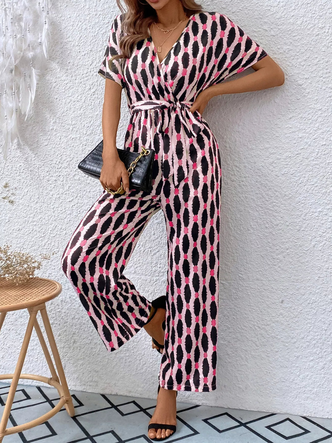 Navy Printed Surplice Tie Waist Short Sleeve Jumpsuit