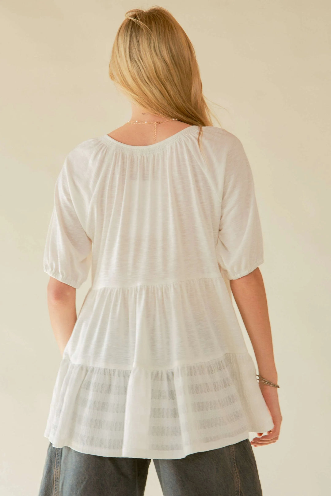Davi Dani Ruffled Flared Short Sleeve V Neck Blouse