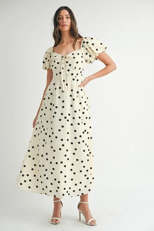 Cream Mable Polka Dot Puff Sleeve Midi Dress