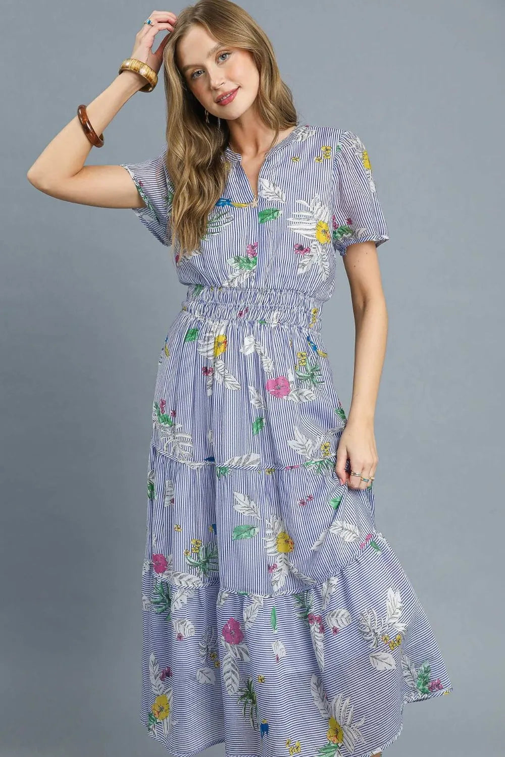 Light Blue Umgee Smocked Waist Floral Short Sleeve Midi Dress