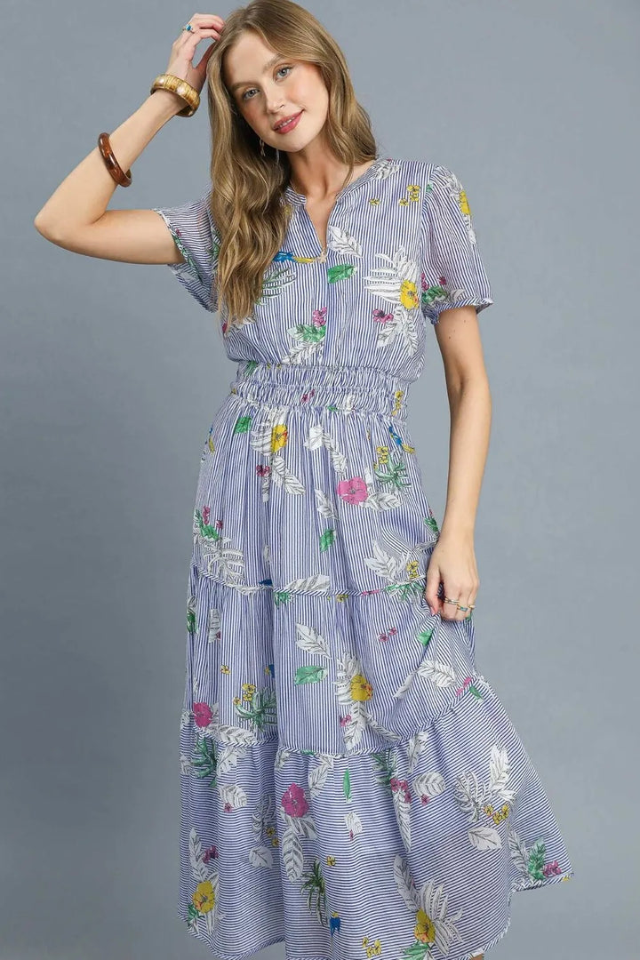 Light Blue Umgee Smocked Waist Floral Short Sleeve Midi Dress
