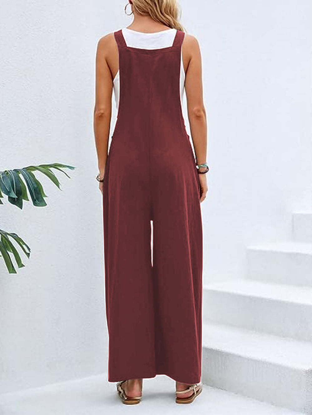 Wine Full Size Wide Leg Overalls With Pockets