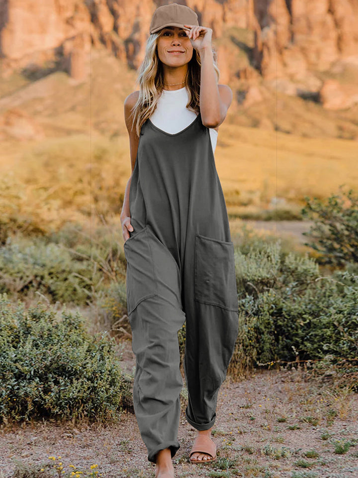 Dark Gray Double Take Full Size Sleeveless V Neck Pocketed Jumpsuit 1