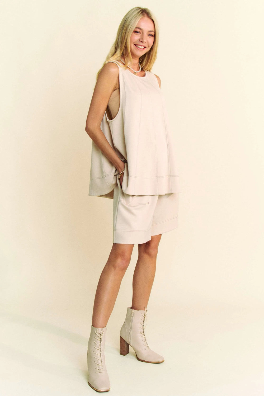 Beige Davi Dani Contrast Seam Top And Short Set