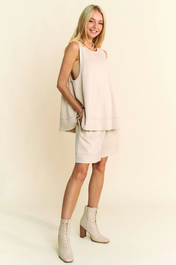 Beige Davi Dani Contrast Seam Top And Short Set