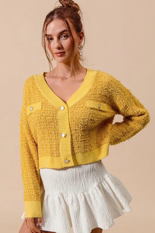 Mustard So Me Frayed Tweed Knit Buttoned Front Cardigan