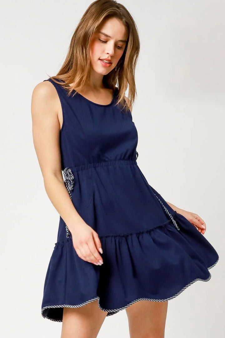 Dark Navy Umgee Frill Drawstring Waist Round Neck Mini Tank Dress