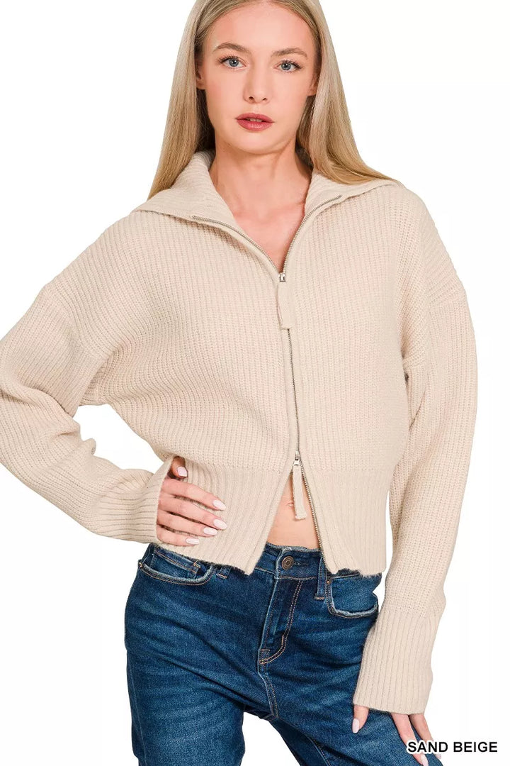 Sand Beige Zenana Ribbed Collared Zip Up Sweater Cardigan 4