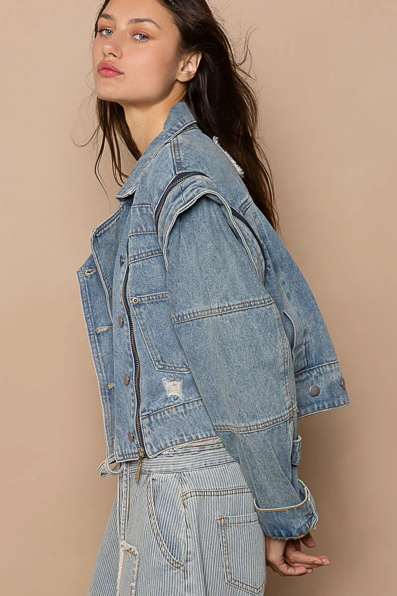 Dusty Blue Pol Cropped Denim Jacket With Functional Zipper Detail