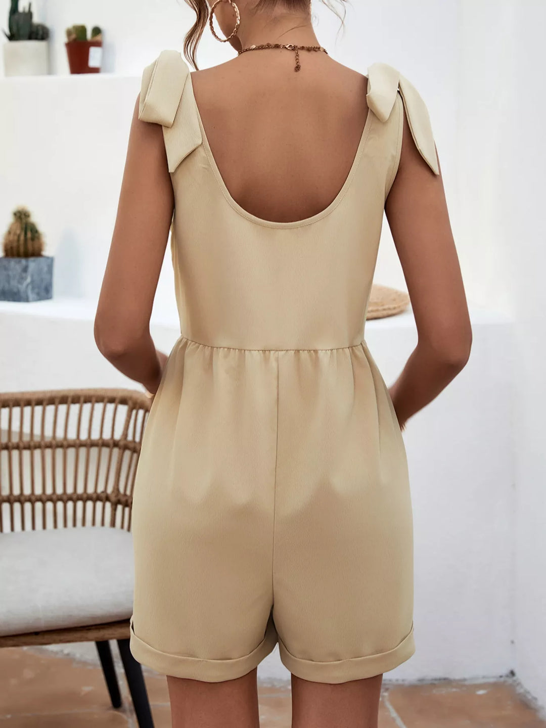 Tan Tie Shoulder Romper With Front Pockets