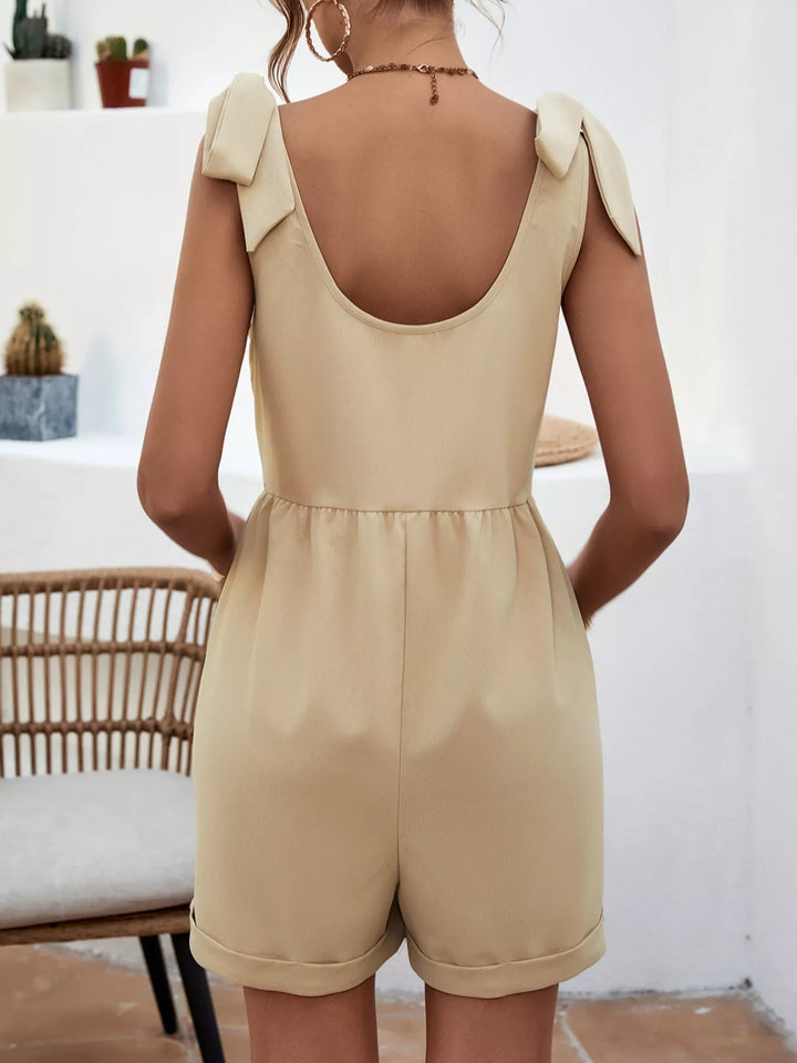 Tan Tie Shoulder Romper With Front Pockets