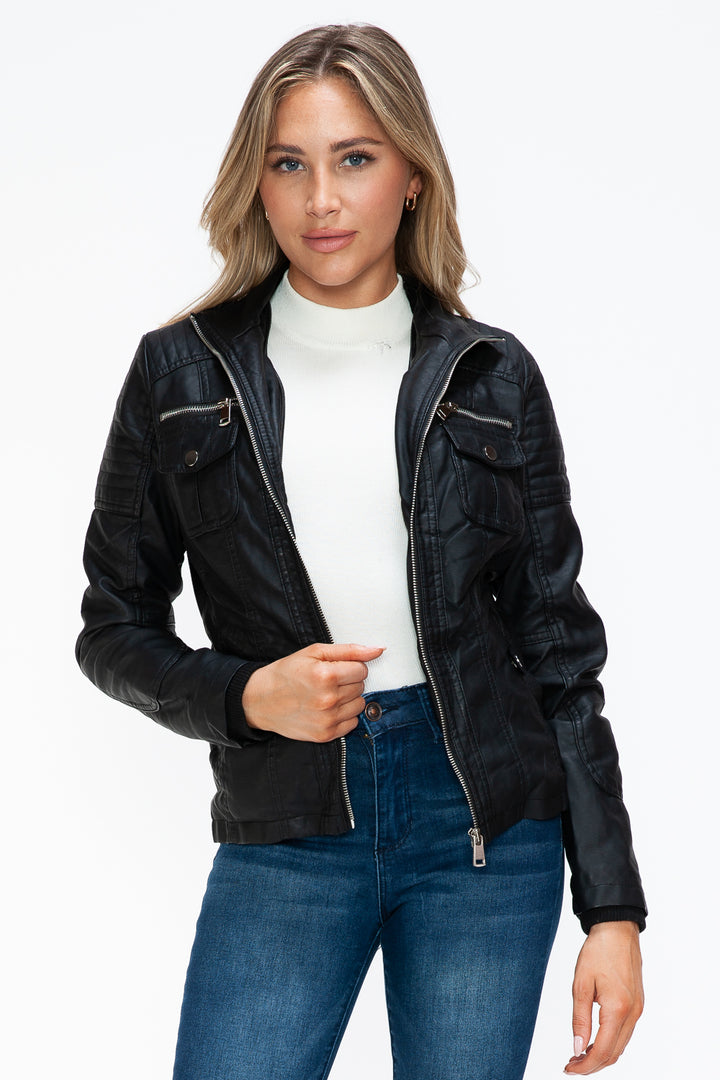 Ymi Removable Faux Layered Multi Pocket Jacket With Fuzzy Hood