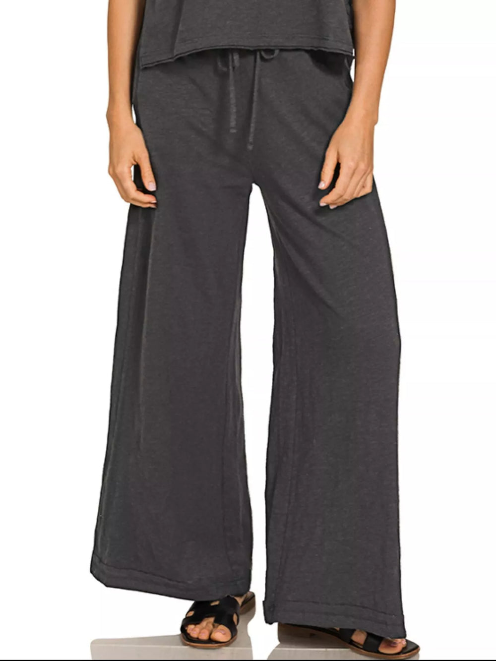 Black Zenana Cotton Slub Short Sleeve Tee And Pants Set 2