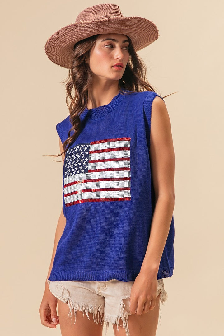 Bibi American Flag Sequins Patch Knit Vest