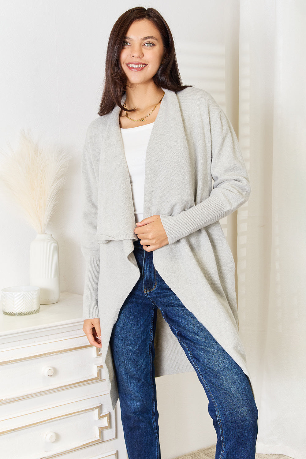 Light Gray Angel Wings Open Front Duster Cardigan With Pockets