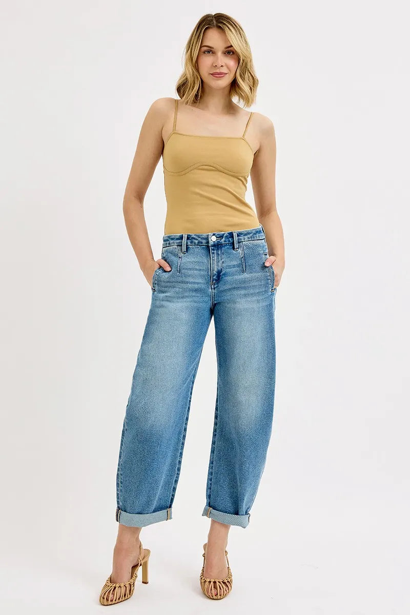Medium Risen Full Size Mid Rise Fit Barrel Roll Up Jeans Plus Size