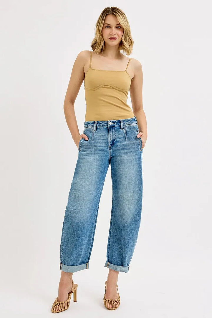 Medium Risen Full Size Mid Rise Fit Barrel Roll Up Jeans Plus Size