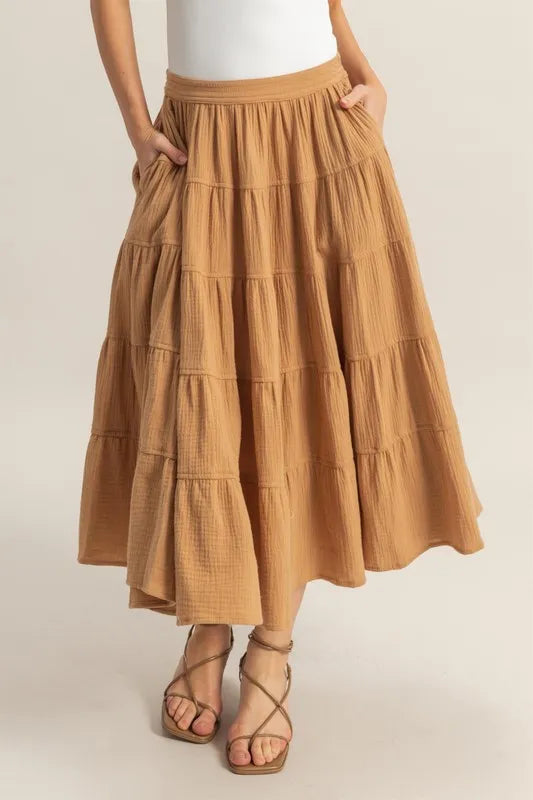 Camel Hyfve Double Gauze Tiered Midi Skirt With Pockets 2