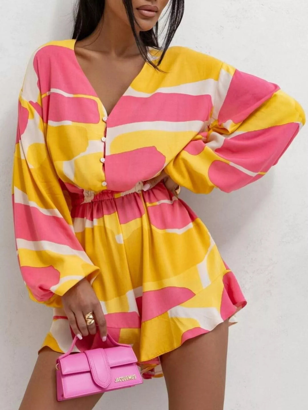 White Floral V Neck Long Sleeve Romper With Elastic Waist