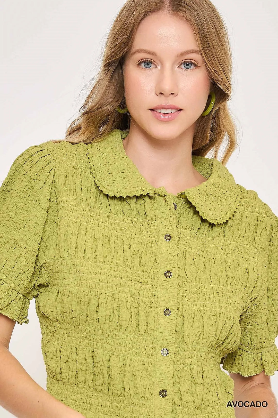 Umgee Smocked Short Sleeve Button Front Shirt With Peter Pan Collar