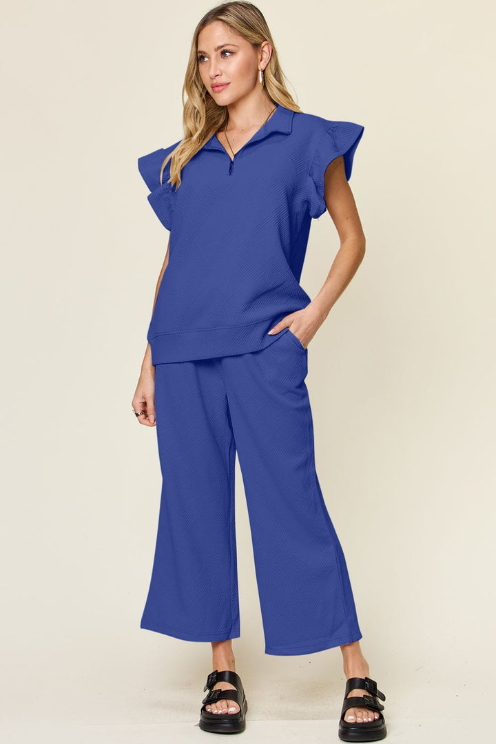 Green Double Take Texture Ruffle Short Sleeve Top And Drawstring Wide Leg Pants Set