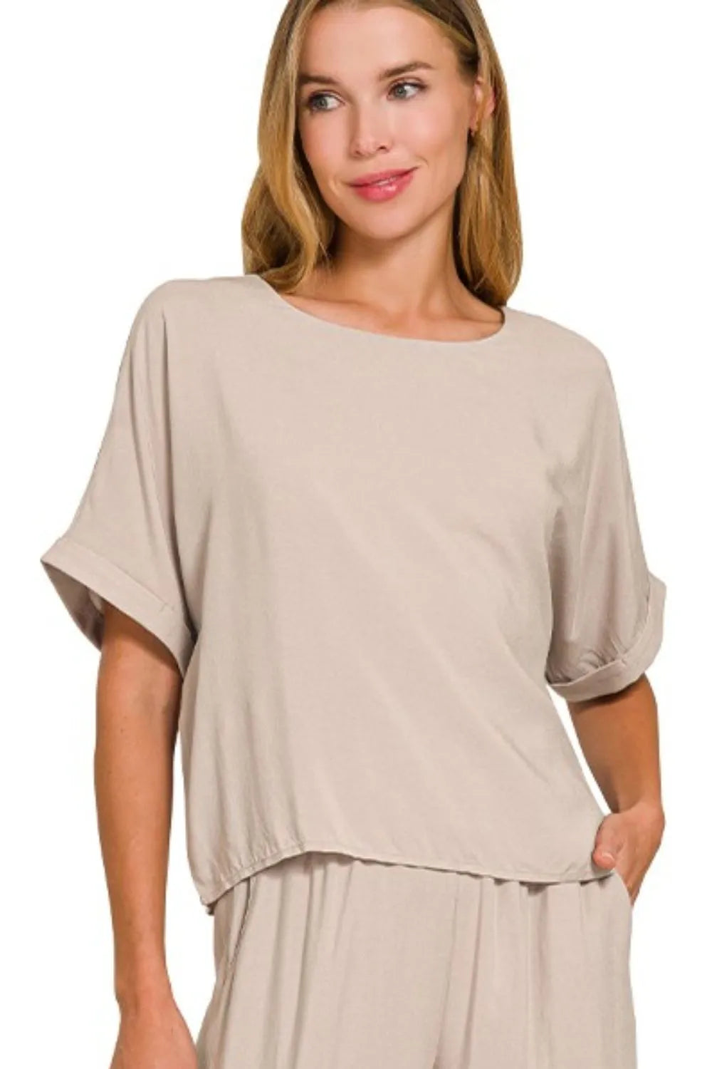 Ash Mocha Zenana Round Neck T Shirt And Wide Leg Pants Set 2