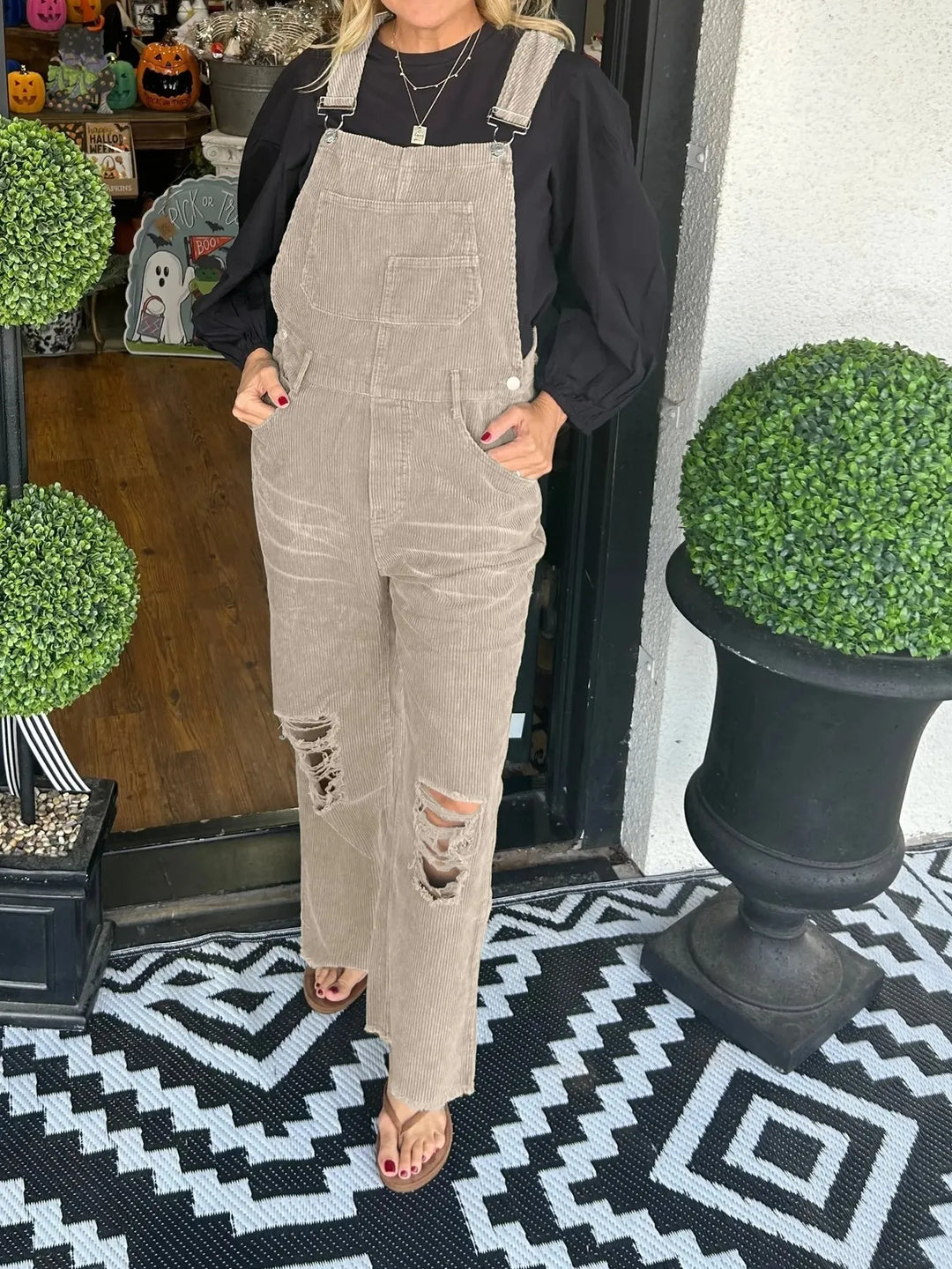 Orange Distressed Wide Leg Corduroy Overalls