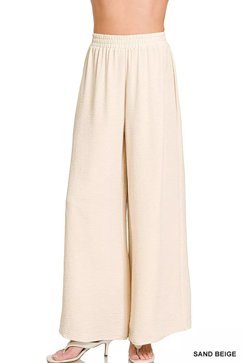 Sand Beige Zenana Woven Airflow Elastic Waistband Pants 8