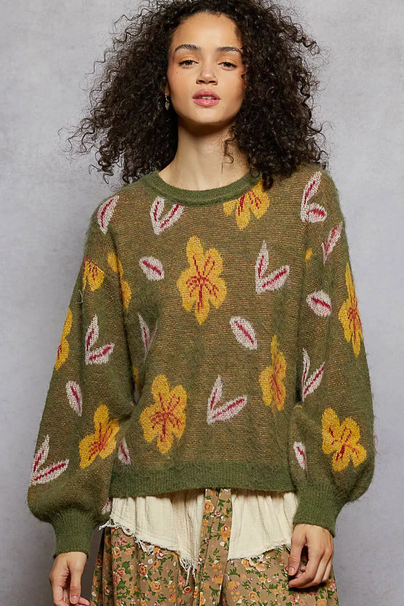 Olive Pol Floral Pattern Round Neck Balloon Sleeve Sweater