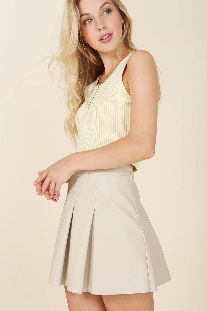 Ivory Vegan Leather Pleated Mini Skirt