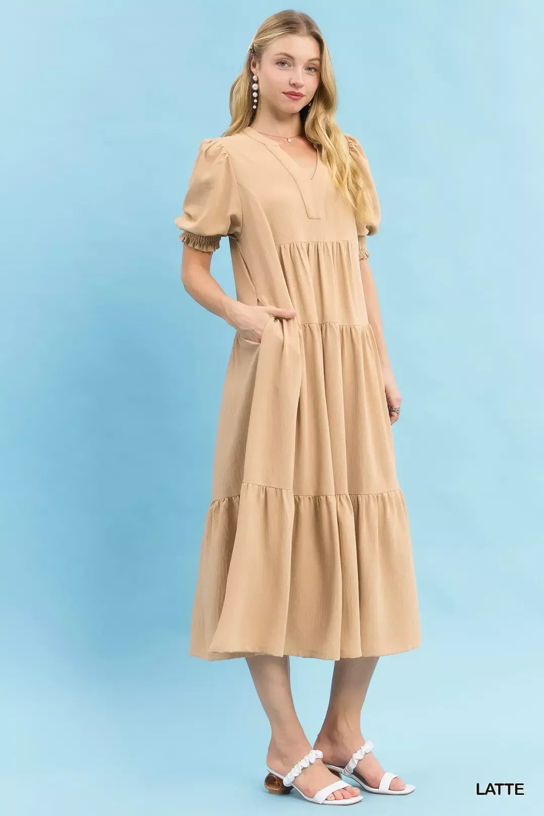 Latte Umgee V Neck Puff Sleeve Tiered Midi Dress