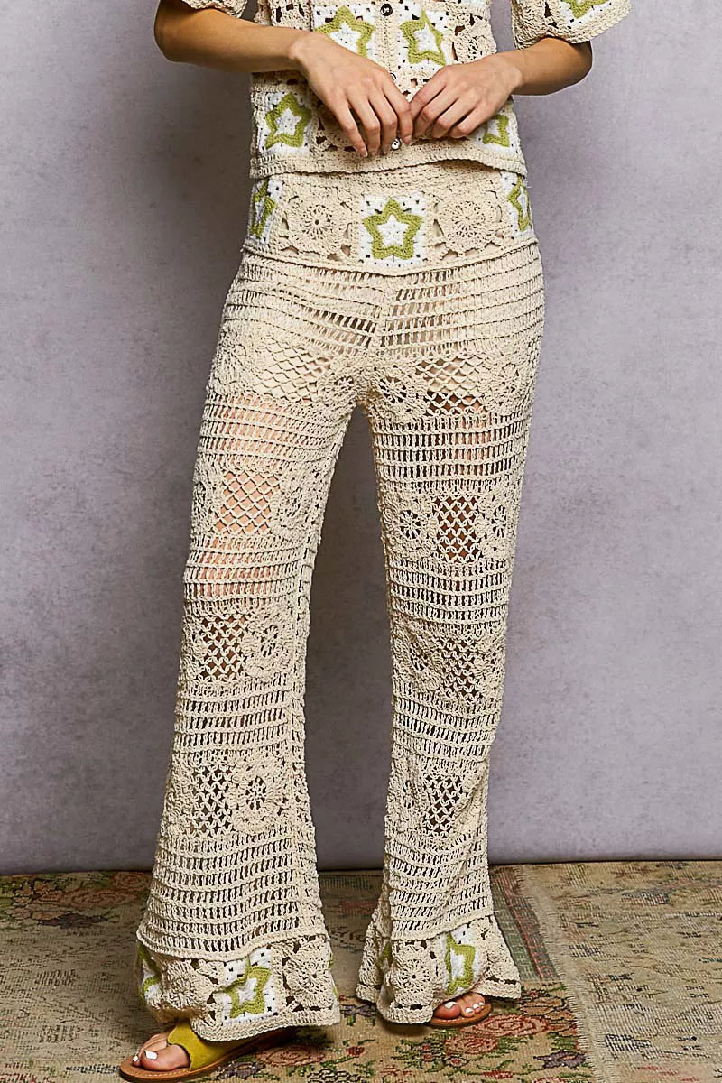 Natural/Olive Pol Openwork Crochet Flare Pants With Contrast Star