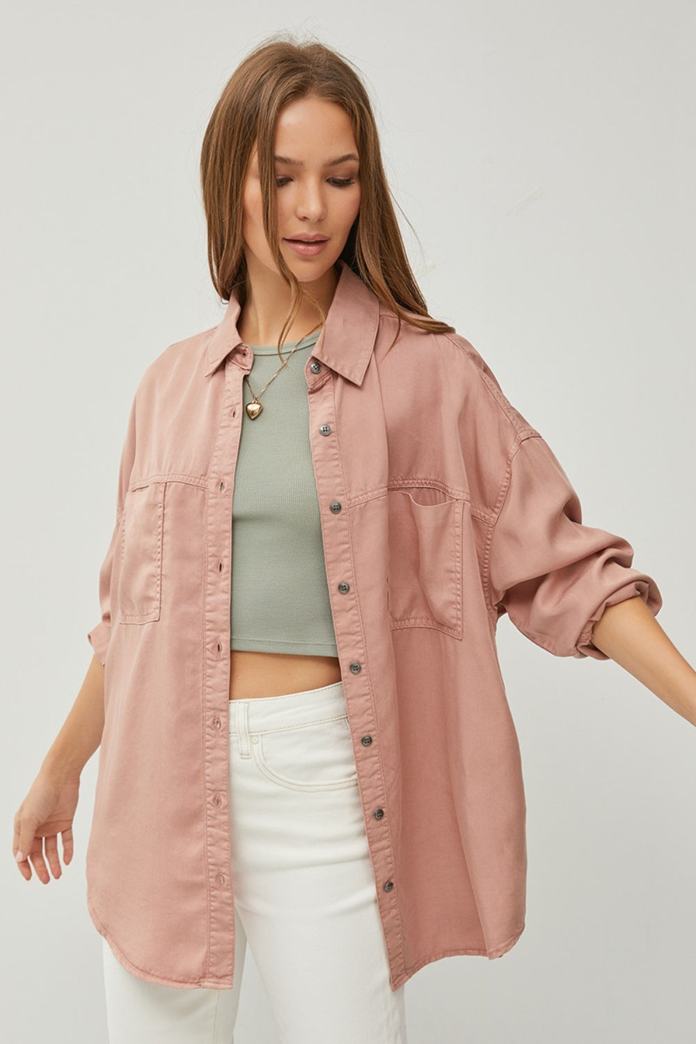 Mauve Risen Full Size Button Up Long Sleeve Denim Shirt