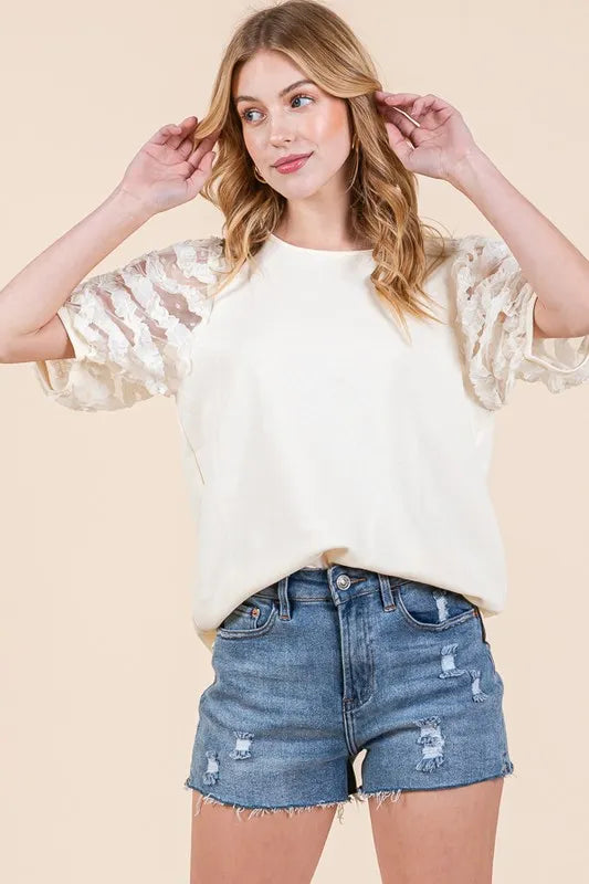 Cream Lime N Chili Full Size Lace Puff Sleeve Round Neck Top Plus Size