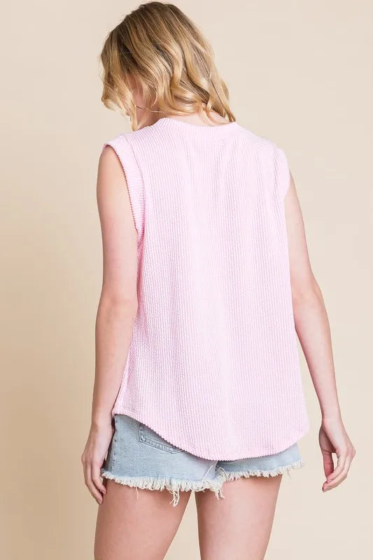 Pink Bombom Rib Knit V Neck Tank