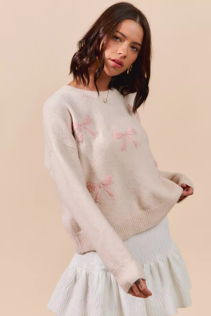 So Me Embroidered Ribbon Round Neck Sweater