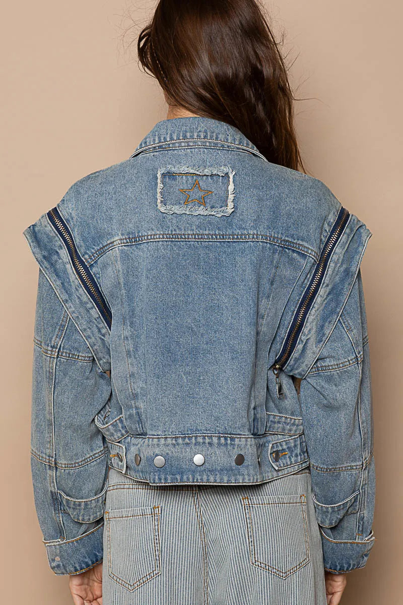 Dusty Blue Pol Cropped Denim Jacket With Functional Zipper Detail