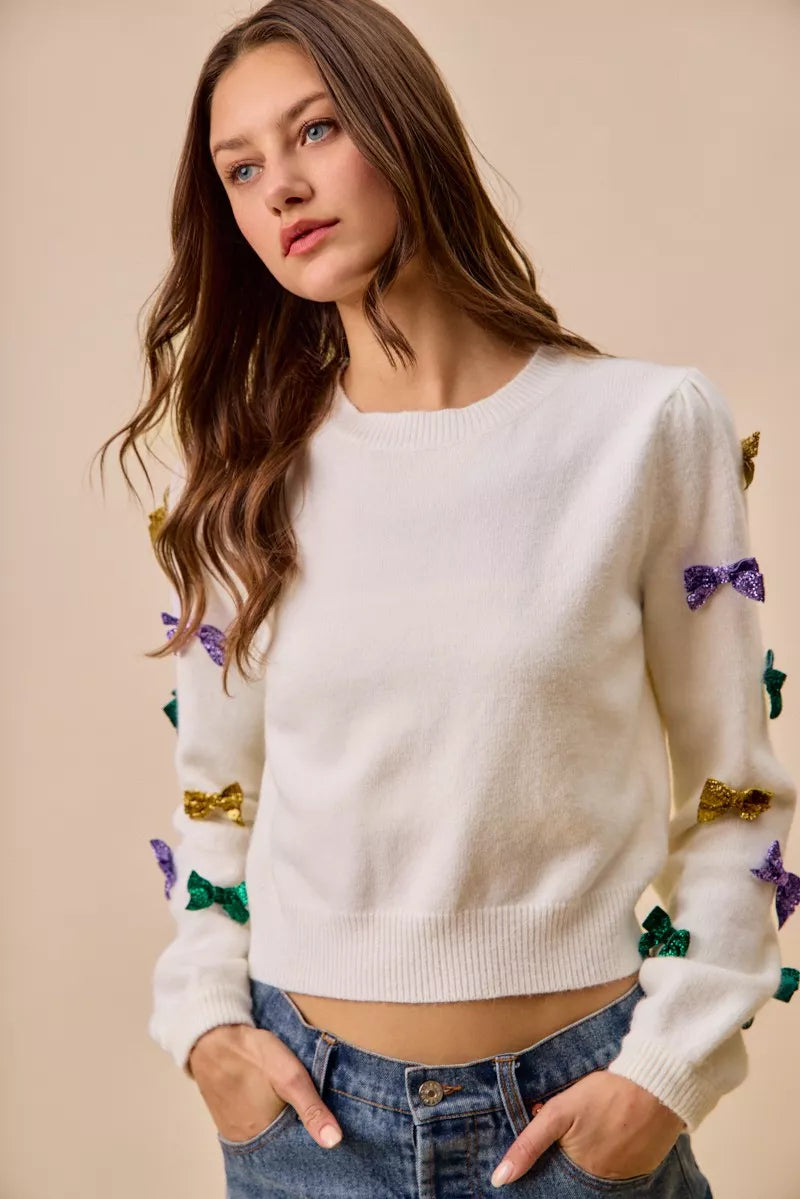 So Me Mardi Gras Glitter Bow Ribbon Sweater Knit Top
