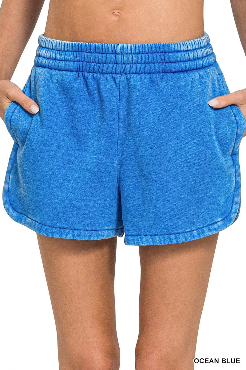 Ocean Blue Zenana Acid Washed Elastic Waistband Dolphin Shorts 1