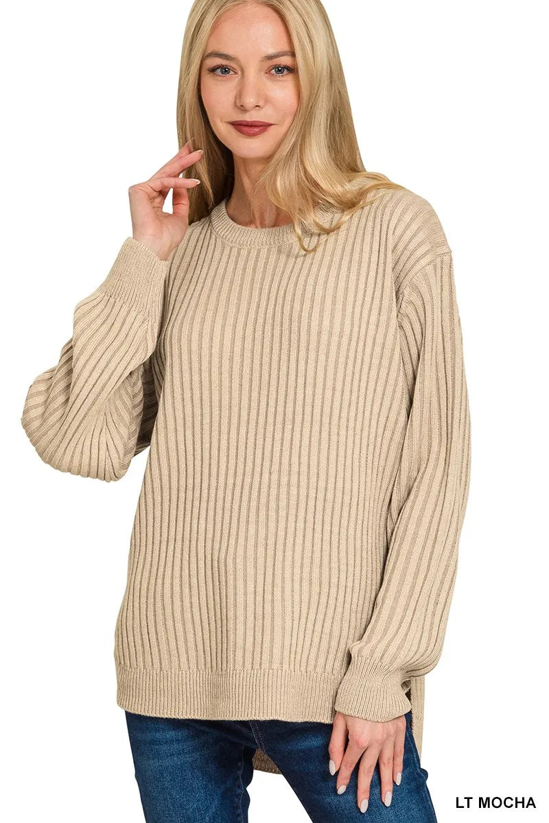 Lt Mocha Zenana Curved Hem Two Tone Ribbed Sweater